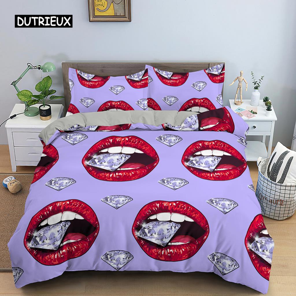 Red Lips Duvet Cover Set 3D Bedding Set Kiss Me Red Lips Bedclothes King Size Quilt Cover Sexy Lips for Women Men Bedroom Decor