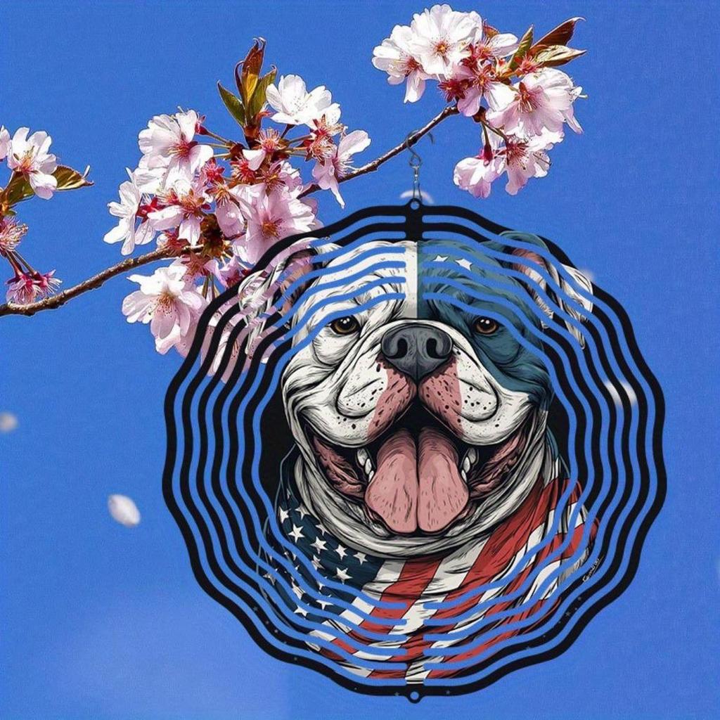 American Flag Dog Design 2D Metal Wind Chime for Outdoor Garden Patio Indoor Decor Holiday Festival Party Gift Rotating Wind Spinner