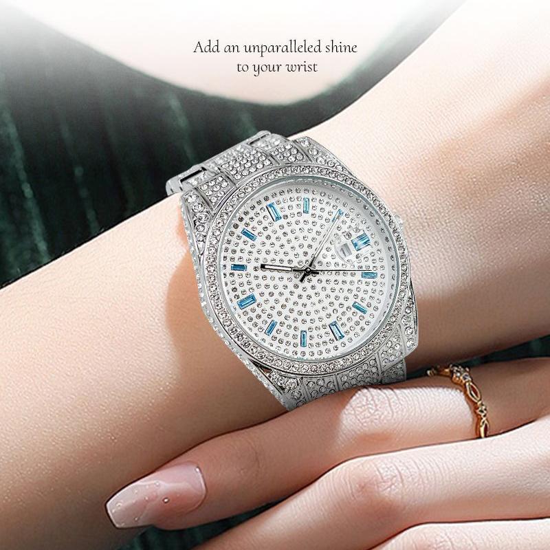 Iced Out Full Diamond Watch for Men Women Luxury Bling Rhinestone Quartz Watch with Date Luminous Hands Waterproof Analog Wrist Watch