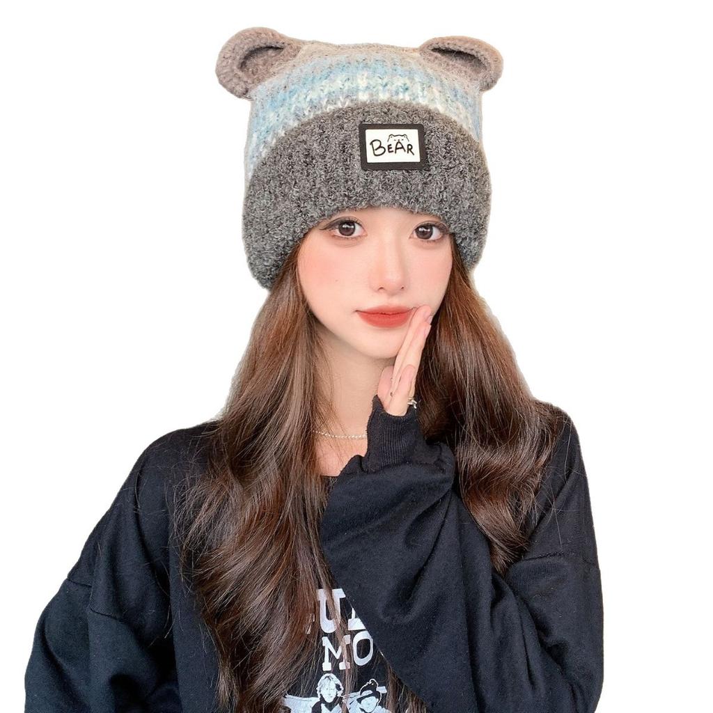 New cute bear knitted hat for women's autumn and winter thickened warm and cold-proof fashionable ear protection small plush hat
