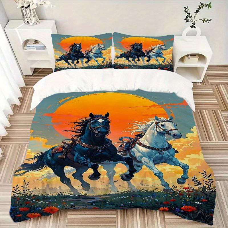 3pcs Set Horse Sunset 1 Quilt Cover + 2 Pillowcases, All Seasons Bedroom Setting, Perfect for Home and Dorm Decor A166