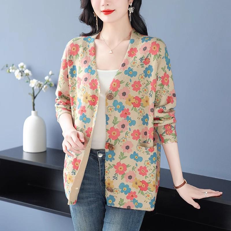 2024 Autumn/Winter V-Neck Mink Velvet Printed Loose Casual Single-breasted Coat