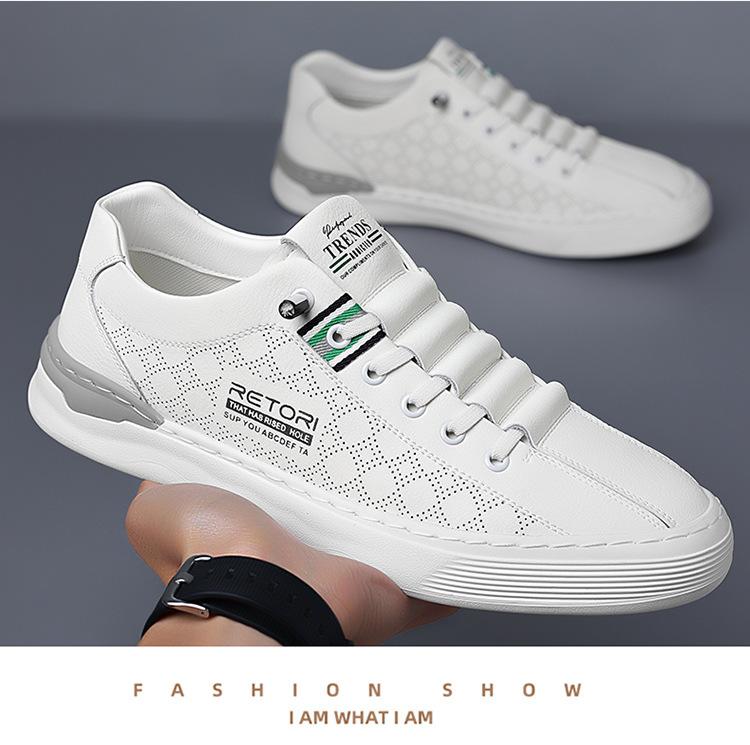2024 Shoes for Men Genuine Leather Casual Shoes Fashion White Flat Skateboard Shoes Cool Slip-on Sneaker