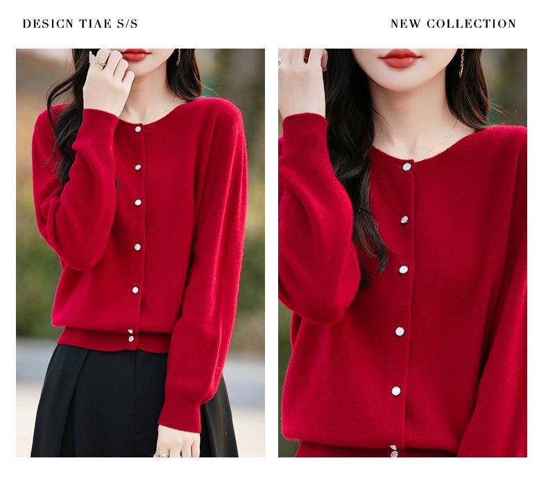 Early Spring Women's Wool Cardigan - Round Neck, Diamond Button, Loose Casual Knit Sweater