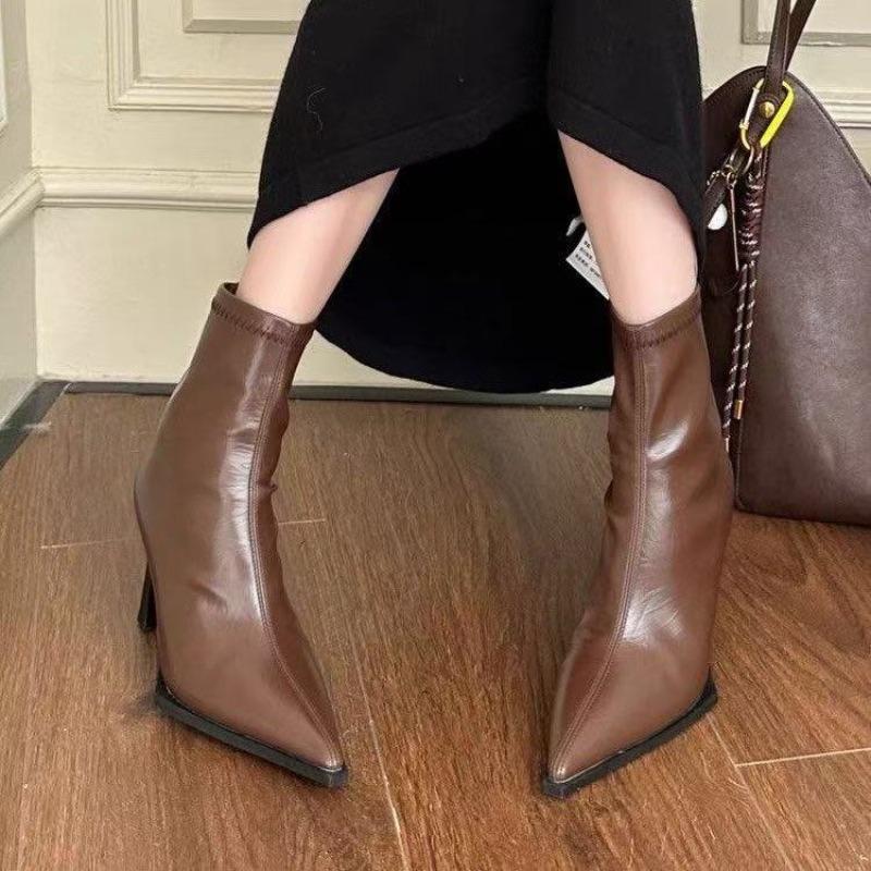 Retro Pointed Toe High Heel Short Boots Autumn Winter New Brown Slim Fit Thin Heel Versatile Boots PU Leather Insole Rubber Surf