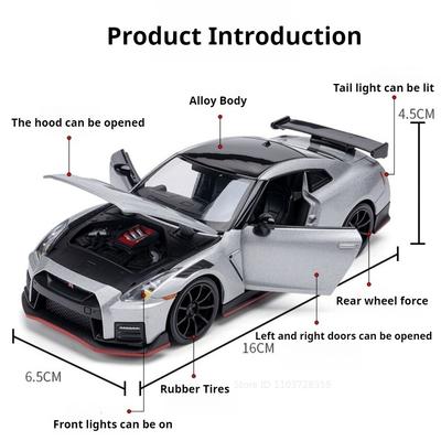 1:32 Scale Nissan GT-R Nisom Sports Car Model Toy Openable Hood Metal Diecast Music Light Vehicle Models Toys Exquisite Gifts