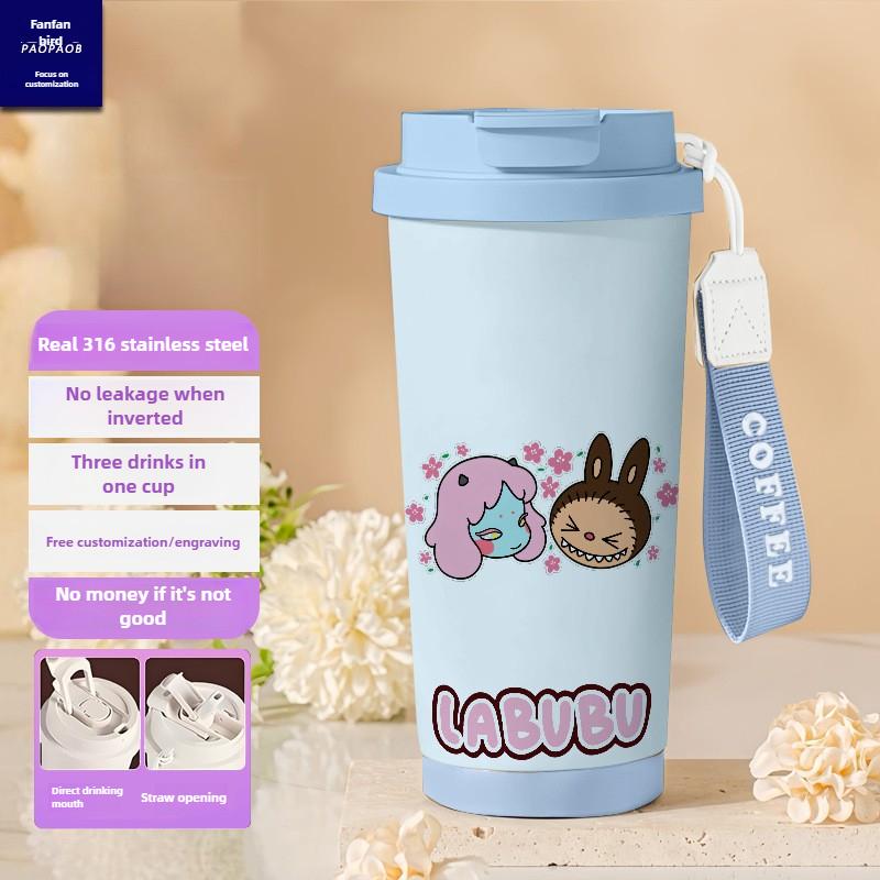 Tecknad Rostfri Stålkopp Högvärdig Termosmugg 3D Dubbel Drickstrå Kaffekopp