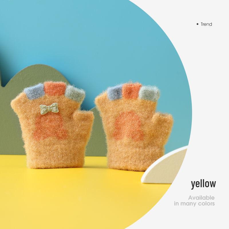 Cartoon Cute Half-Finger Knitted Baby Gloves for Toddlers (0-2 Years), Autumn & Winter, Plus Velvet