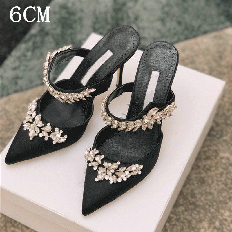Fashion Couture! French Pointed Flat Sandal Rhinestone Goddess Fan Niche Design Sense High Heel Half Drag