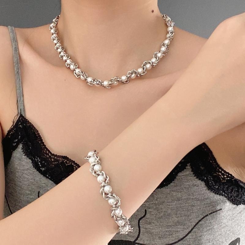 Punk Imitation Pearl Alloy Thick Chain Necklace Hip Hop Party Casual Business Jewelry Accessories Gift