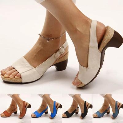 Women's Leather Peep Toe Sandals Mid Heel Cork Sole Comfort Casual Sandals