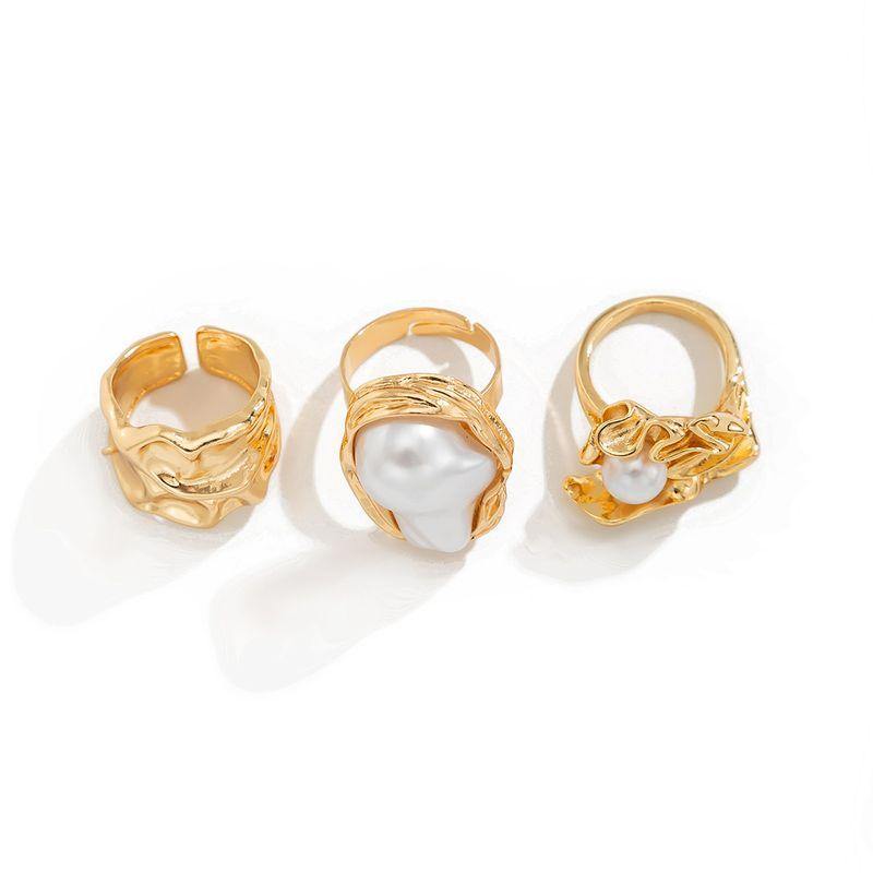 

3-Piece Set Baroque Imitation Pearl Asymmetrical Ring Suit European and American Personalized Fashion Special-Interest Design Ring Combination Light Gold