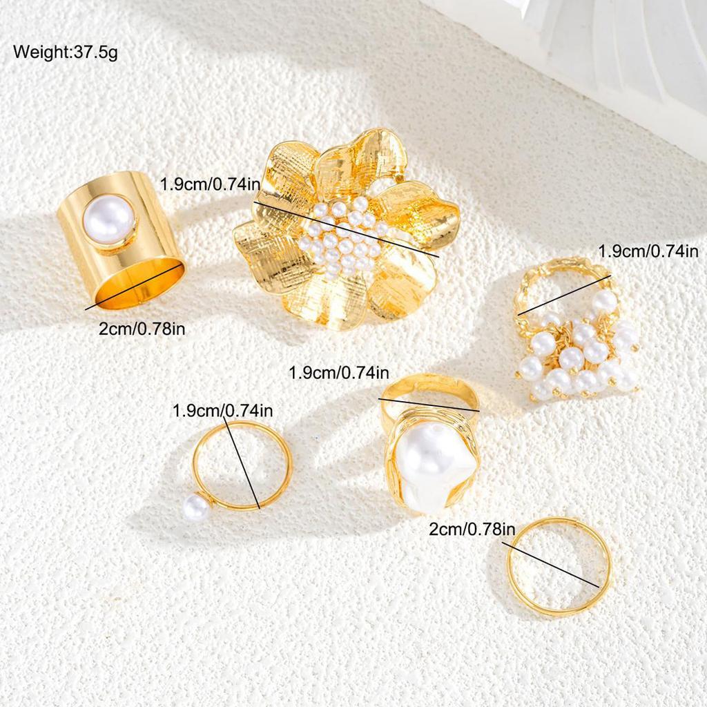 6 Stück Blumen-Imitationsperlenringe für Damen Elegante Geometrische Unregelmäßige Goldfarbene Ring-Sets Weiblicher Tägliche Kleidung Party Schmuck