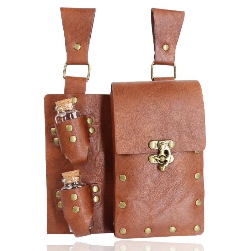 Medieval Leather Belt Pouches With 2 Potion Bottle Halloween Wizard Waist Pouches Side Pack Halloween Costume Accessory