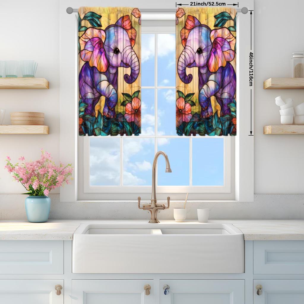 Panels Stained Glass Cute Little Elephant Semi Curtain Half Suitable Home Decorative Curtains Artistic Room Darkening Made Of Polyester
