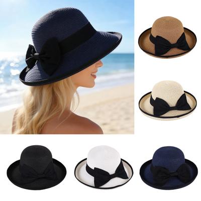 Bucket Hat Wide Wavy Lace Brim Sun Protection Hat with Ribbon Bow Decoration Summer Travel Beach Vacation Hat