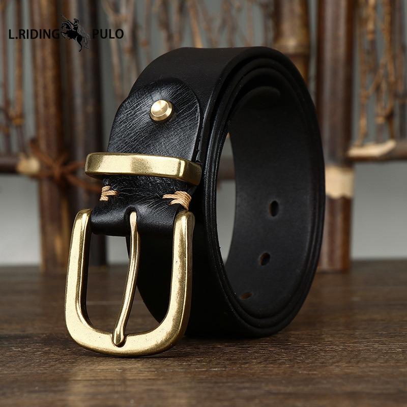 Ceinture en Cuir Véritable Cuir de Vachette Grain Supérieur Lavé Rétro pour Homme avec Boucle en Laiton, Nouvelle Ceinture Tendance Style Coréen