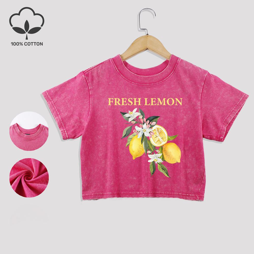 Creative Lemon Pattern Prints Cotton Crop Tees Street Summer Lace Hem Washed T-Shirts Regular Fit Distressed Tops Casual Clothes