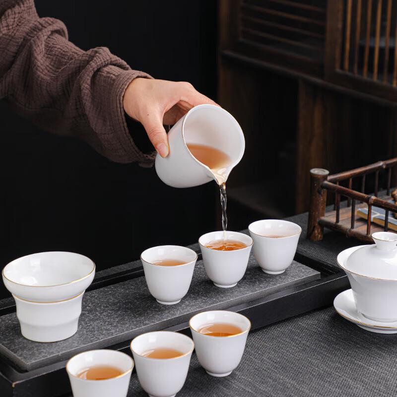 Dehua Mutton-Fat Jade Ceramic Gongfu Tea Set - Gold Trim