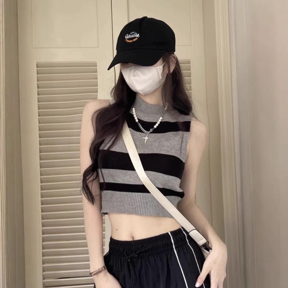 

Women s Knitted Color Block Striped Sleeveless Crop Top - High Waist Summer Tank One Size [Recommended for up to 125 jin]