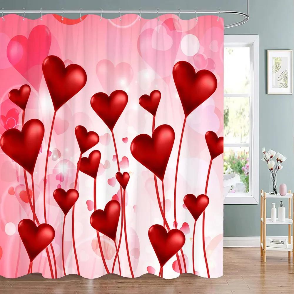 Valentine's Day Red Rose Shower Curtain Pink Red Love Tree Flower Polyester Fabric Washable Hanging Curtains Bathroom Decoration
