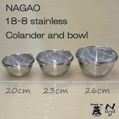 Nagao Tsubame-Sanjo Deep Bowl and Colander Set, Standard, 23cm Outer Diameter, 18-8 Stainless Steel, Made in Japan
