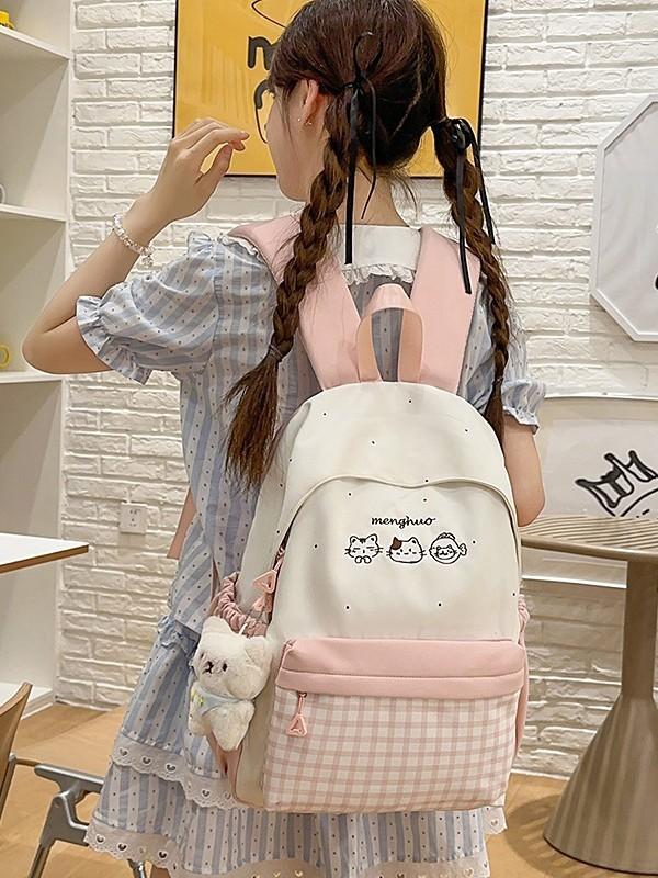 Plaid Backpack For School With Fabric And Padded Shoulder Straps