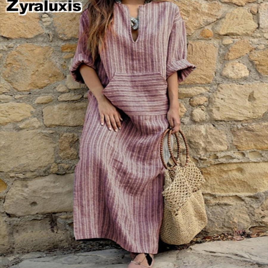 Trendy New Cotton Linen Color Striped Loose Long Dress