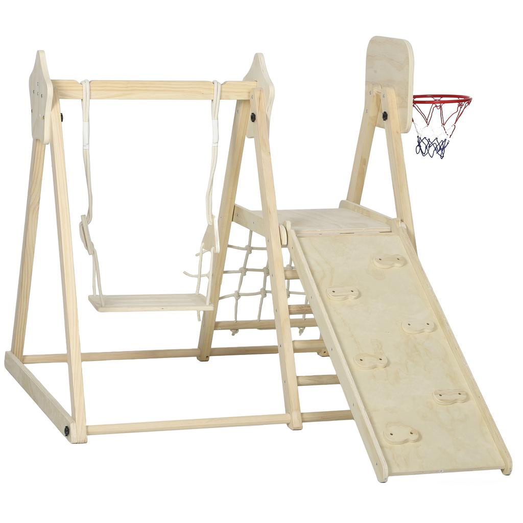 5-in-1 Indoor Climbing Frame with Slide, Swing, Climbing Net, Basketball Hoop, Foldable, 3-6 Years, Natural Wood
