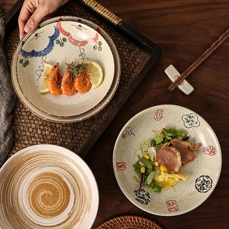 Japanese Retro Ceramic Plates Plants Flowers Ceramic Plates Tableware Main Course Decorative Round Plates Household Tableware