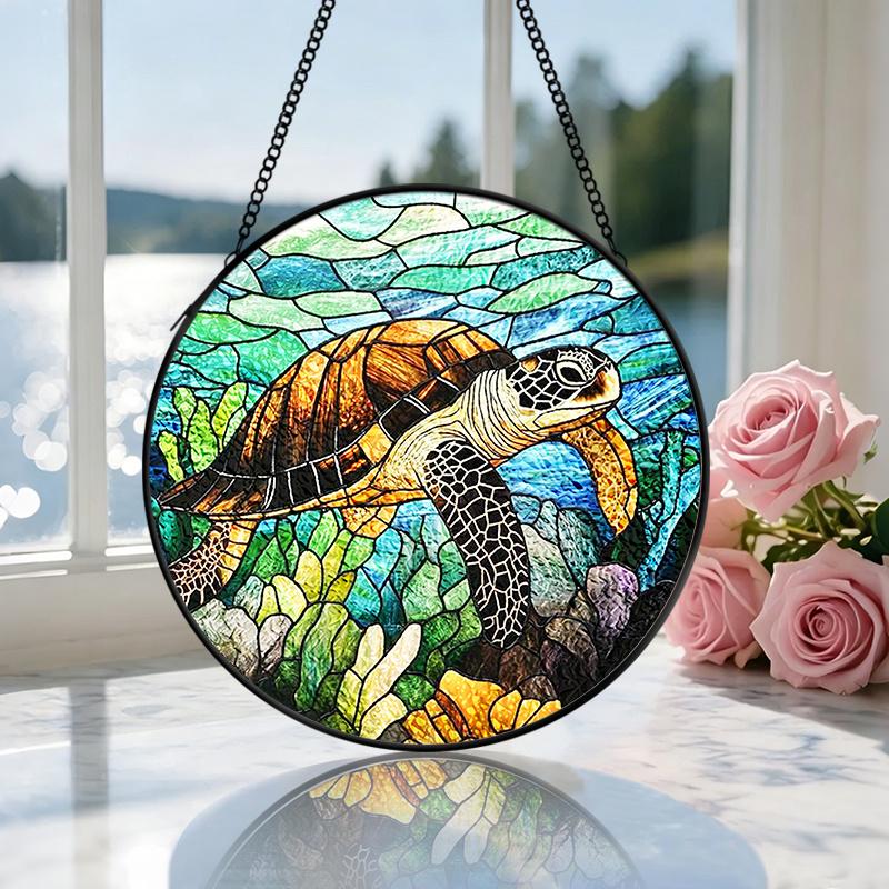 2D Flat Stained Glass Marine Themed Turtle Window Decoration, 7.87inches Colored Glass Plate with Chain, Charming Summer Sun Catcher Home Decor