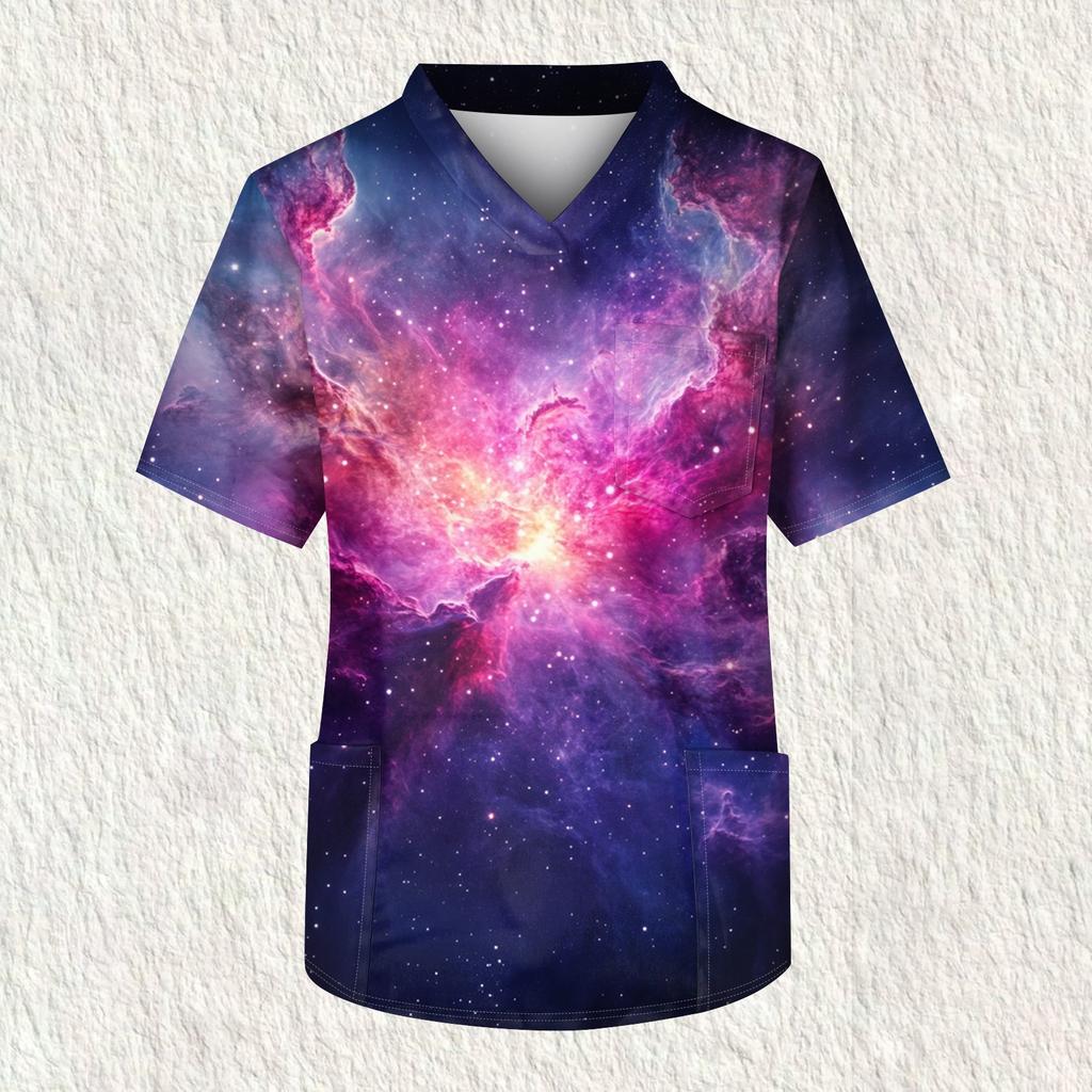 Men's Printing Short Sleeve V-neck Working Blouse Chest Pocket Carer Top