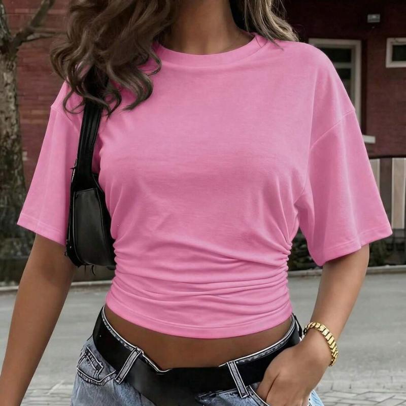 Women Summer Basic Casual Round Neck T-shirt Summer Street Style Short Sleeve Drop Shoulder Crop Top