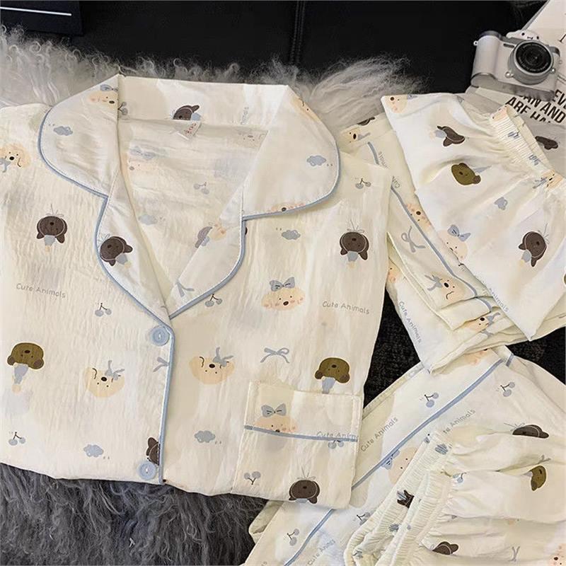 Set de pijamale de vară pentru femei cu pisicuță: Bumbac Nor Scutec cu Mânecă Scurtă, Pantaloni Scurți și Pantaloni Lungi