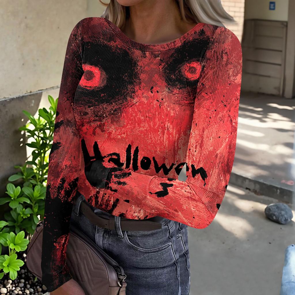 Womens Casual Long Sleeve Ribbed Top Halloween Print Round Neck Slim Fit Stretchy Pullover Shirt