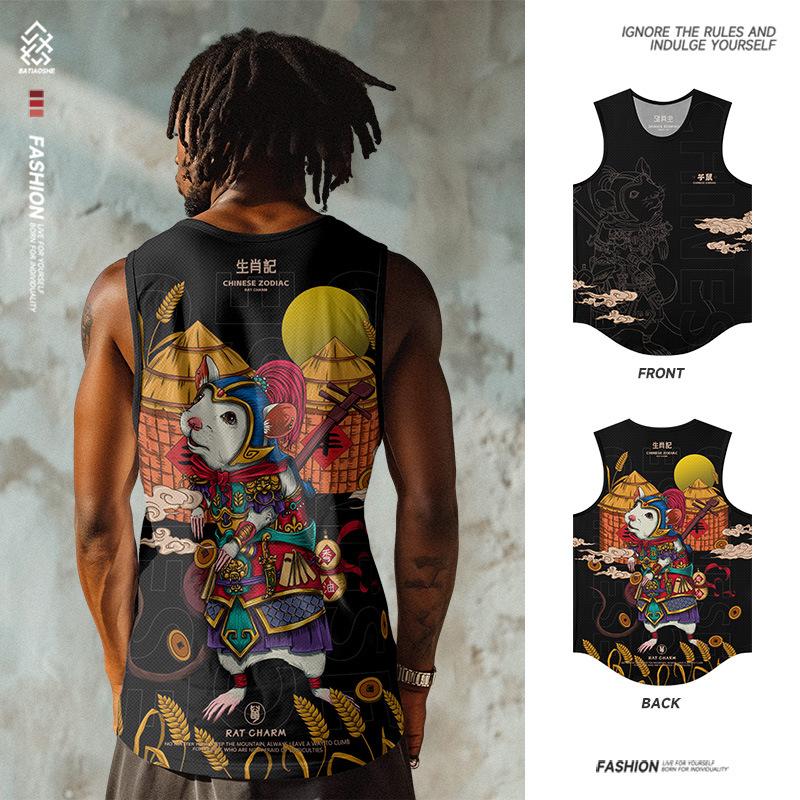 

Summer Round Neck 3D Chinese Wind Xiao Zi Mouse Printed Top Fashionable Casual Sleeveless Vest Men s T-shirts XS
