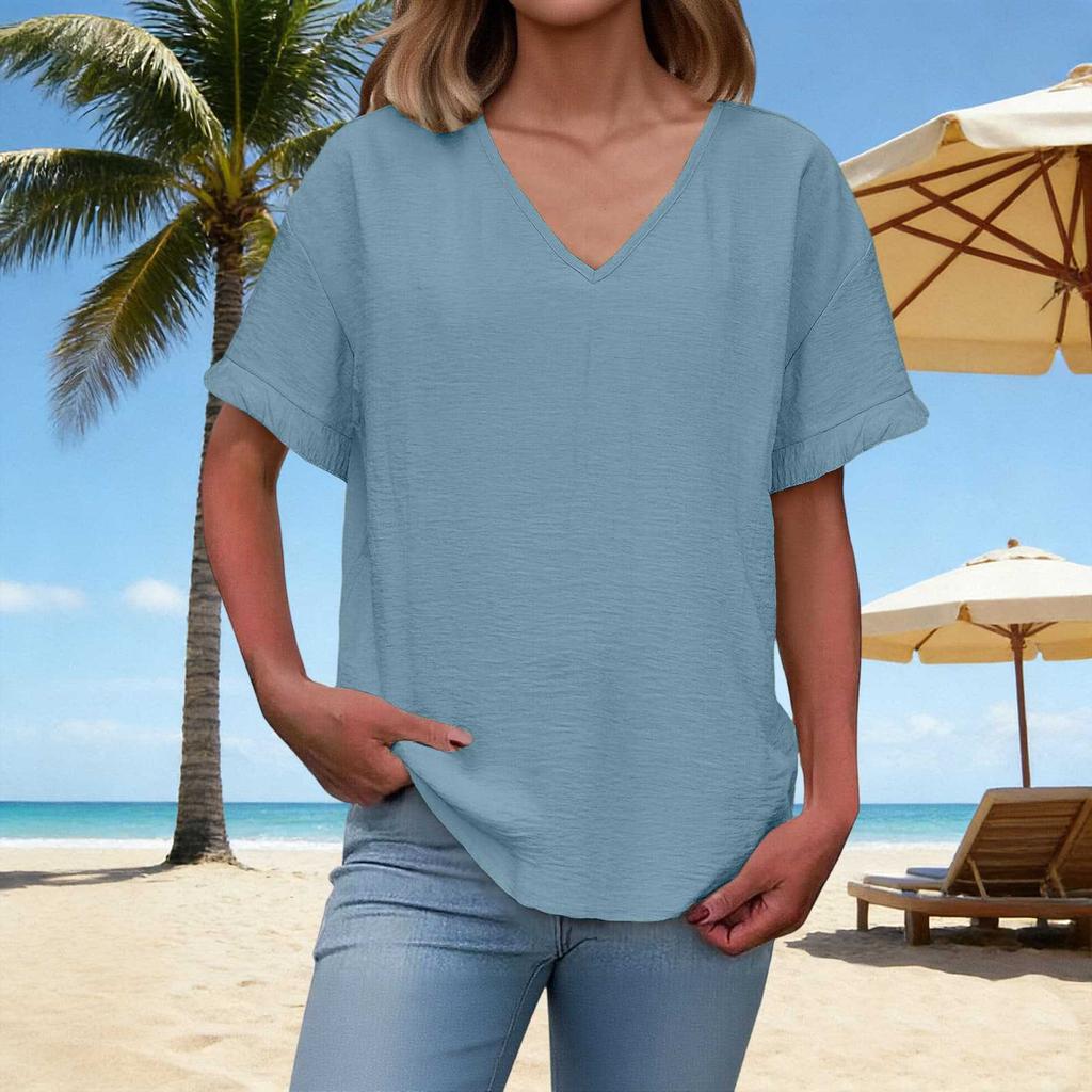 Women's Fashion V-Neck Short-Sleeve T-Shirt: -Color, Loose-Fit Casual Top