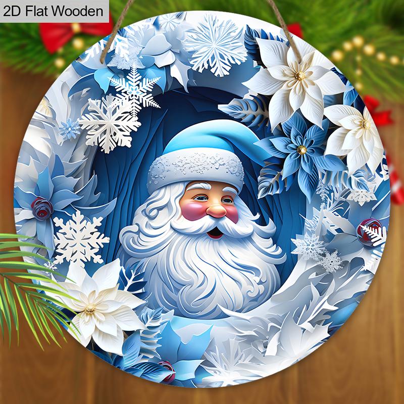 Wooden Christmas Sign with Santa Claus Pattern - Navidad Round Sign for Yard, Front Door, Wall Hanging Decor - Ideal Christmas Decoration