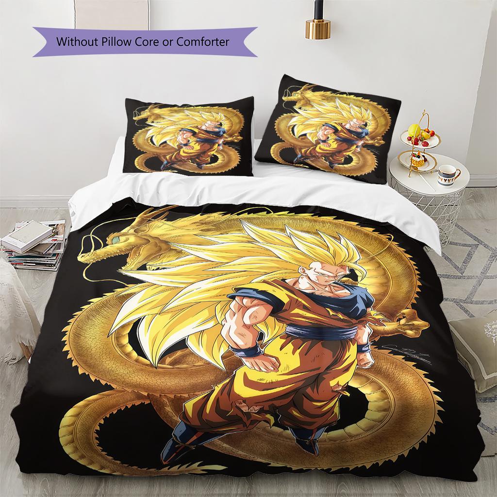 Son Goku Pattern Bedding,Quilt Set Quilt Cover Pillowcase Home Birthday Gift (1 * Duvet Cover + 2 * Pillowcase, Without Core)