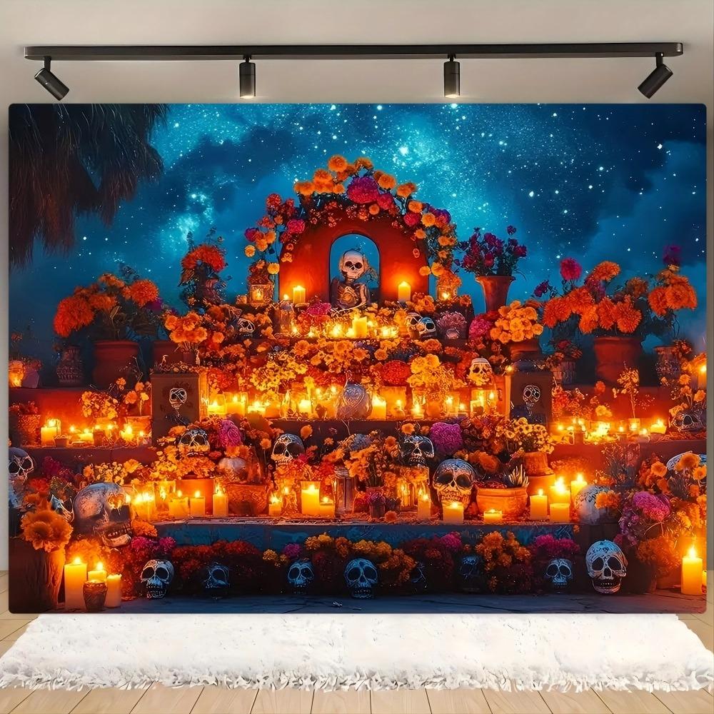Mexican Day of the Dead Altar Background Printed Tapestry Suitable for Home Decoration and Halloween Party Decoration
