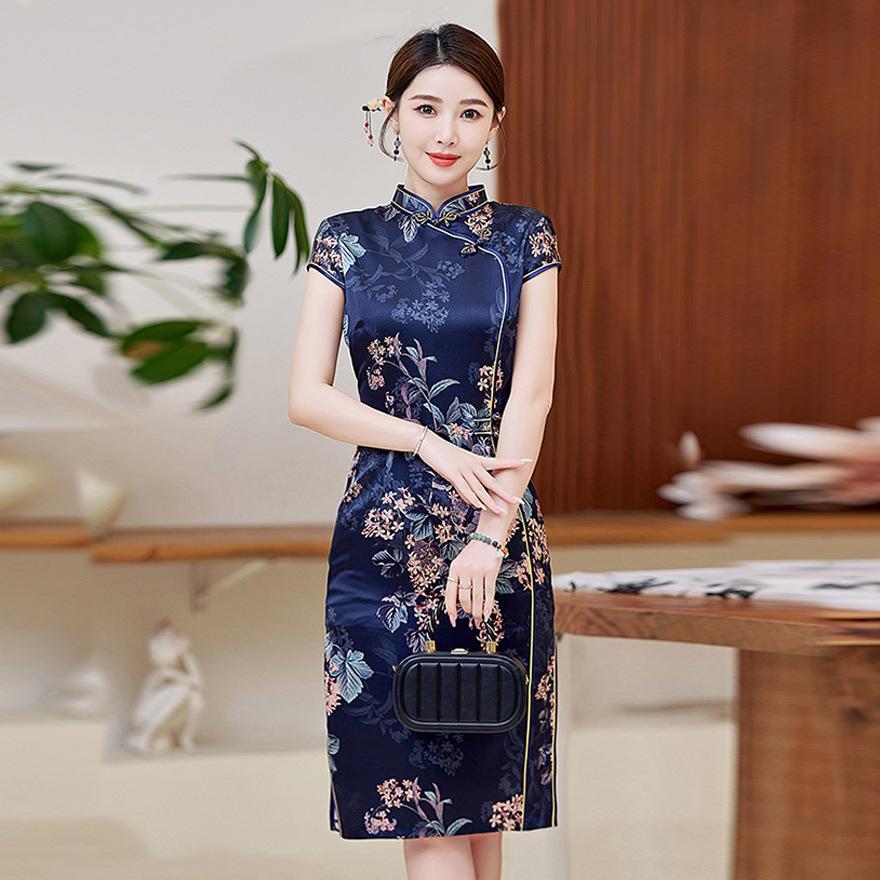 Design Sense Improved Version of Beautiful Cheongsam Silk Dress Summer New Small Retro Printed Mulberry Silk Skirt