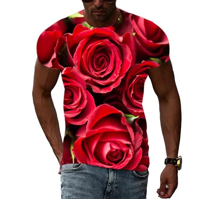 Summer Rose Pattern T-shirt for Men In Large Size Fashionable and Casual Personalized Round Neck Printed T-shirt