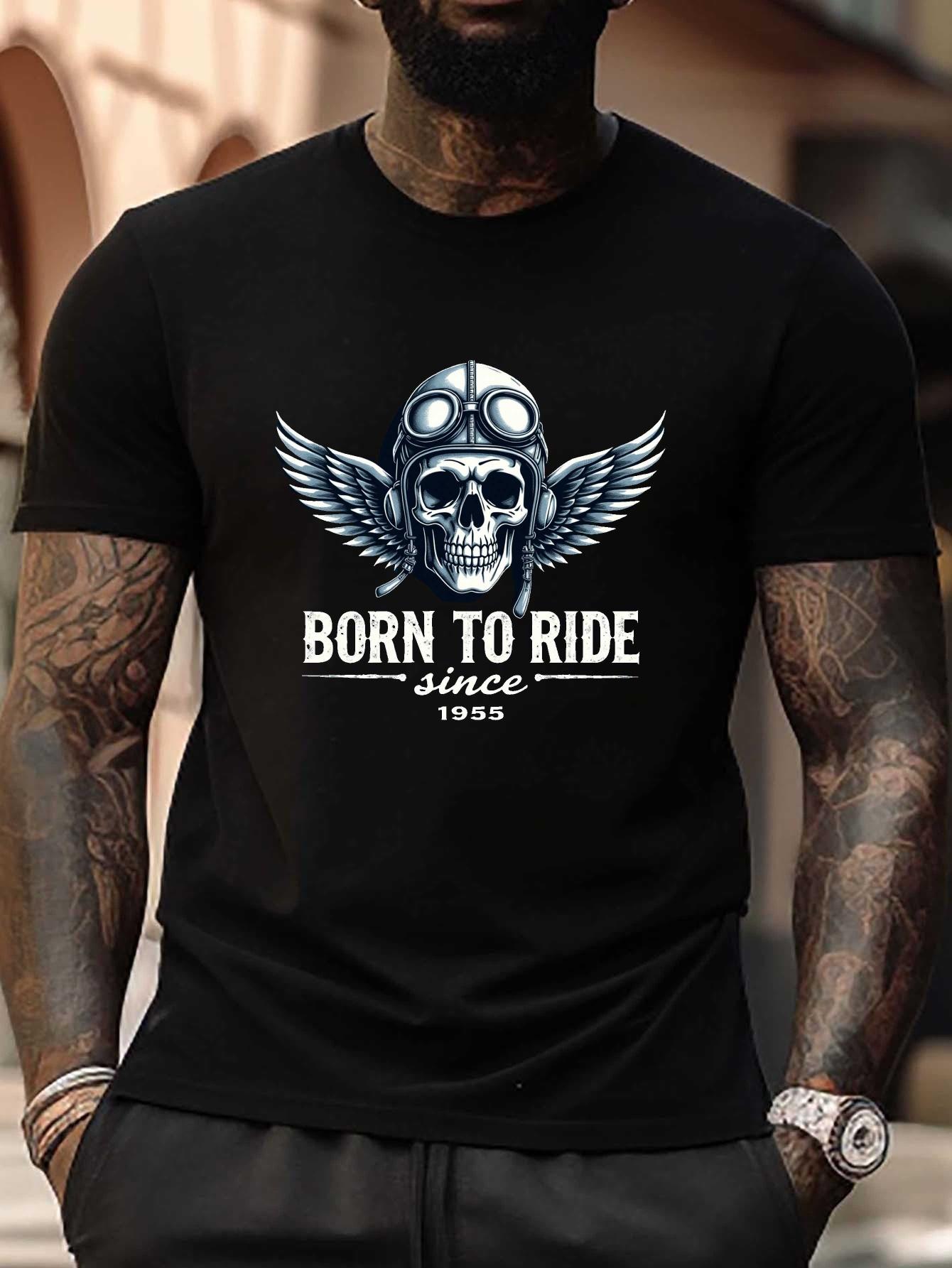 

Plus Size Born to Ride Skull & Goggles Graphic T-shirt - Black Casual Summer Tee with White Wings & Goggles Design XL