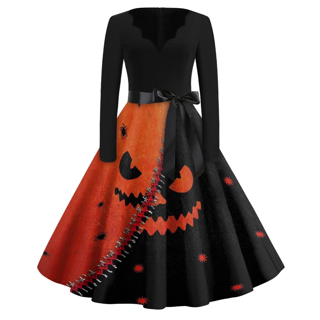 Women's Casual Vintage Halloween Dress V Neck Long Sleeve Retro Printed Swing Dress with Waist Tie Belt for Fall Seasonal Wear