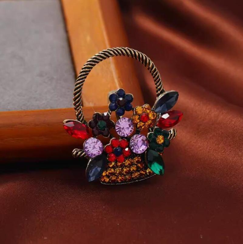 Trendy Colorful Flower Basket Enamel Brooches for Women Temperament Rhinestone Badges Clothing Accessories Gifts