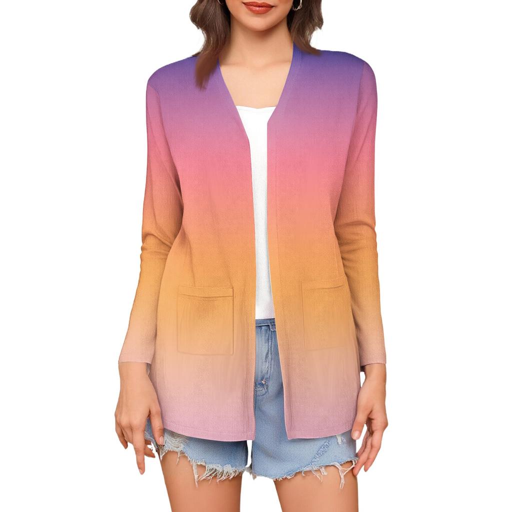 Women's Light Cardigan  Print Long Sleeve V-Neck Shirt With Pocket Top