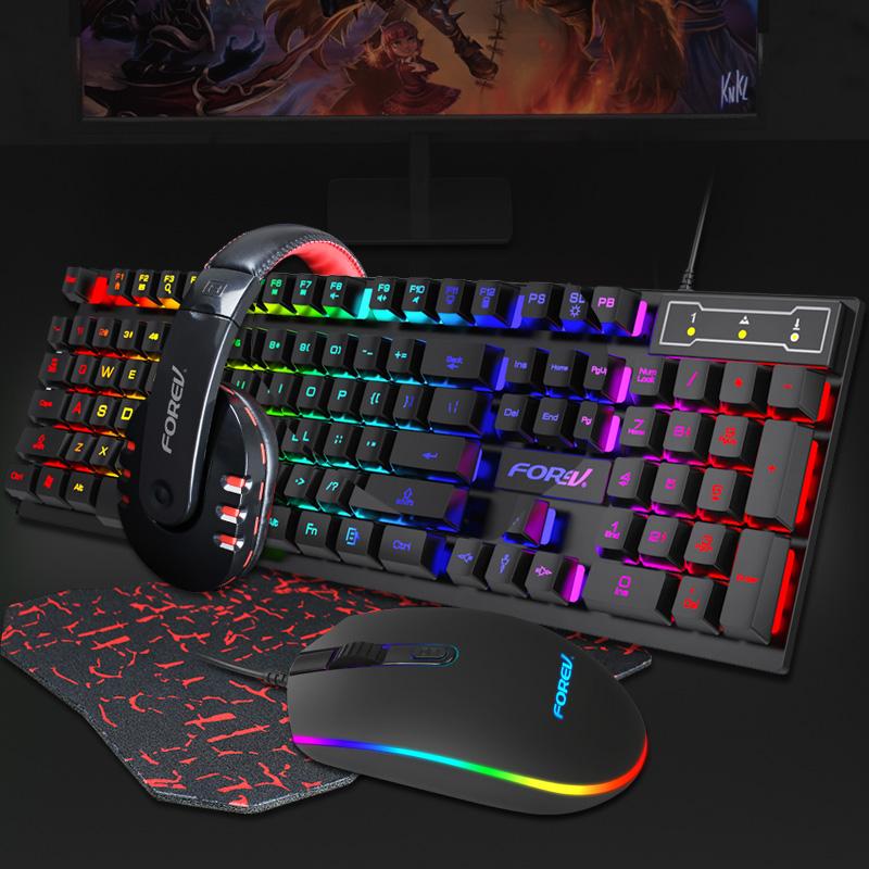 LVKIDRON 4-in-1 Portable USB Wired Gaming Combo Set 104-Key Mechanical RGB Backlit Anti-Fall Ergonomic Mouse Mousepad Headphones
