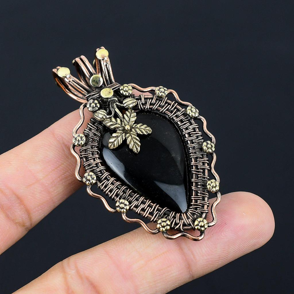 Black Onyx Gemstone Handmade Jewelry Pure Copper Wire Wrapped Pendant