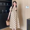 2024 Chic French Maternity Polka Dot Midi Dress with Puff Sleeves
