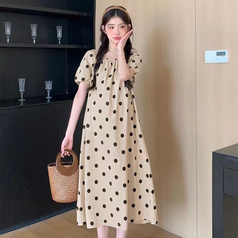 2024 Chic French Maternity Polka Dot Midi Dress with Puff Sleeves